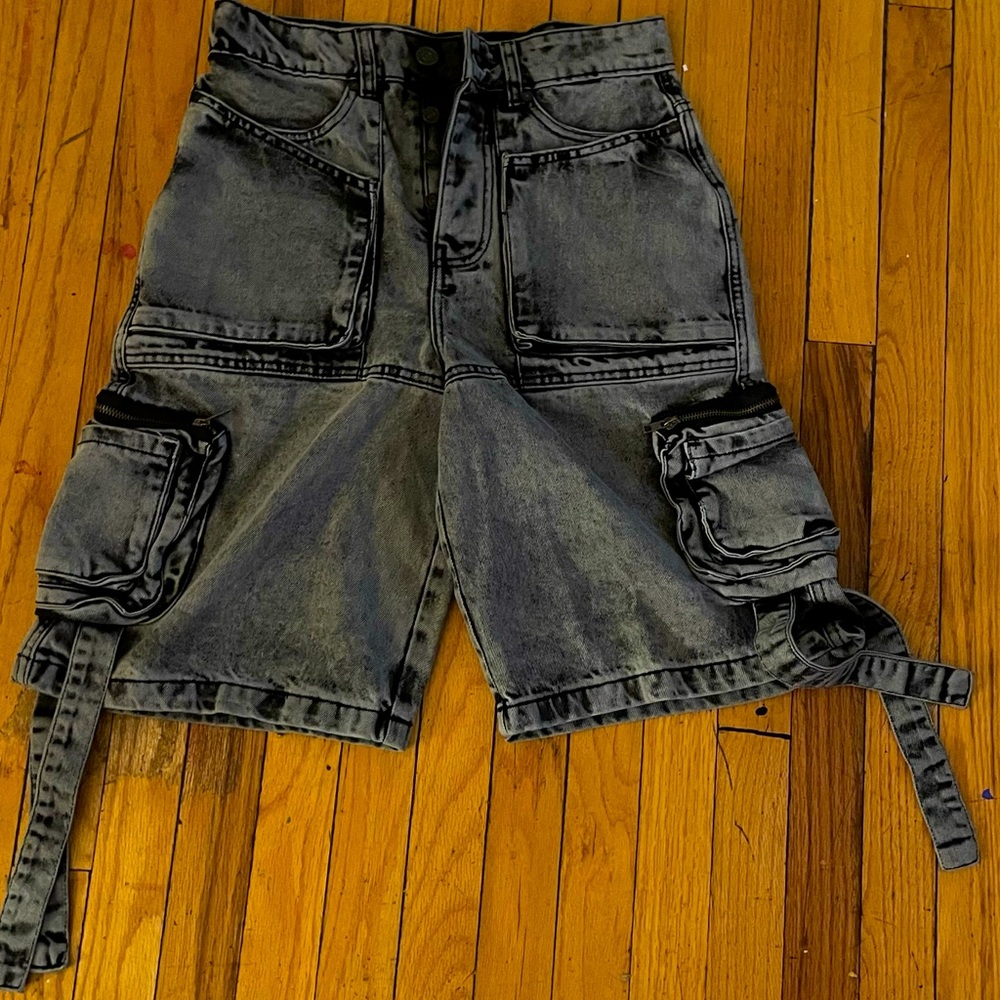 Designer, long, black cargo shorts